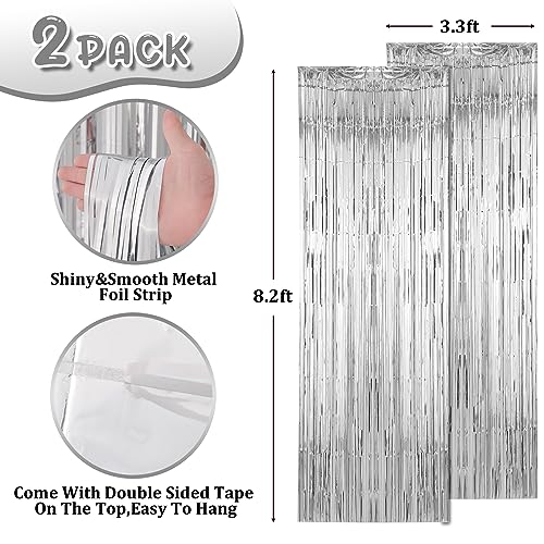 Image of Voircoloria 2 Pack Silver Foil Fringe Backdrop Curtains, Tinsel Streamers Birthday Party Decorations, Fringe Backdrop for Graduation, Baby Shower, Gender Reveal, Disco Party