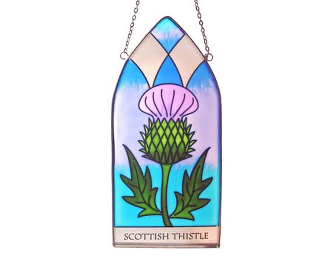 Royal Tara Gothic Glasmalerei | Irische Handbemalte Glasfensterscheibe | Sonnenfänger mit Schottische Distel Thistle