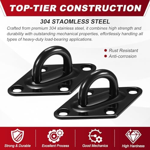 M METERXITY 2-Pack Pad Eye Snap Hooks, Stainless Steel M6 Heavy Duty Hammock Ceiling Hook with Rhombus Pad Eye Plates for Hanging/Wall Mount Marine Hardware [Black] — 사진 2