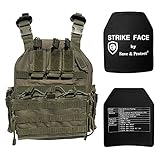 Save & Protect 1x Plattenträger Chest Rig + 2x Strike Face Ballistische SK4 Platte aus SIC Keramik + PE - Ballistischer Schutz gegen AK47, G3, G36 - Zertifiziert nach US NIJ IV Schutzklasse 4, grün