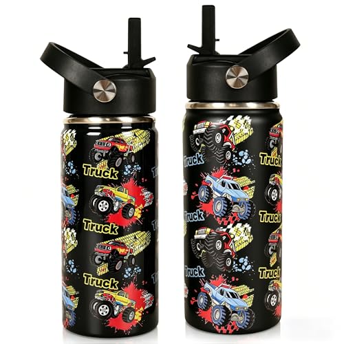 Boys Water Bottle 16oz Insulated Stainless Steel Cup with Straw Double-Wall Vacuum Leakproof Thermos for Sports & Travel Monster Truck Gifts for Fans (1pc)