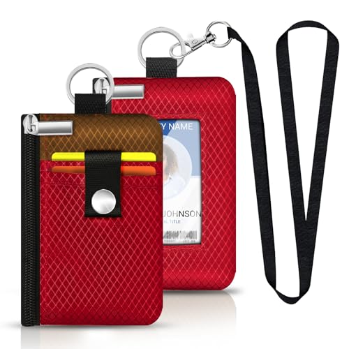 Image of Minimalist RFID Blocking Small Wallet with ID Window,WaterResistant Zip Id Case Wallet with Lanyard Keychain for Cards,Cash,Travel,Women,Men (Red /Brown)
