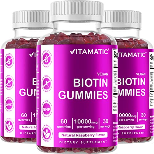 Vitamatic Biotin Gummies 10,000 mcg for Stronger Hair, Skin & Nails - 60 Vegan Gummies - Also Called Vitamin B7 (3 Bottles)
