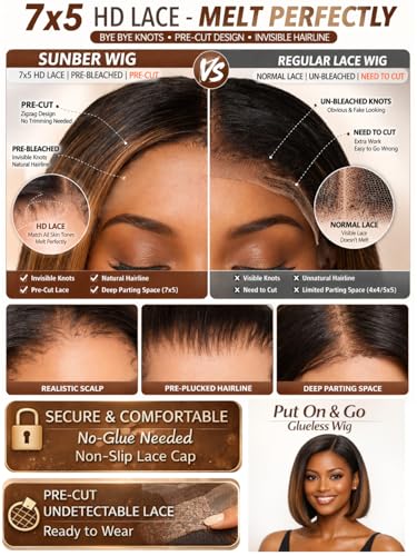 Image of Sunber Ombre Brown Balayage Yaki Straight Bob Glueless Wigs Human Hair Bye Bye Knots Pre cut 7x5 Lace Front Wig Pre Plucked Pre Bleached Knots Put and Go Highlight Brown Short Bob Wig 10Inch