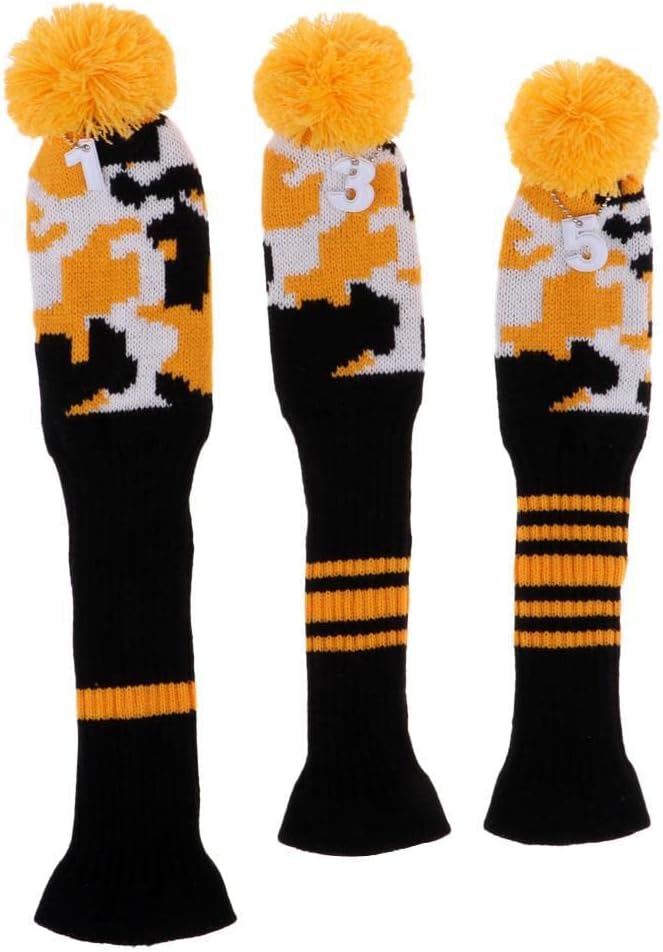 3Pcs Vintage Golf Club Head Covers Pom Pom Knit Socks - Set of 3 Double Strength Covers - Gift for Golfers - Shaft ion - Tag Numbers Included - Color C