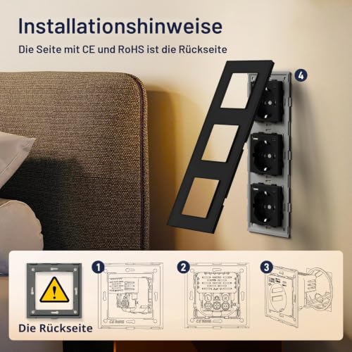 BSEED USB Steckdose Tripel Schwarz Schuko Wandsteckdose mit USB Anschluss (Max. 2.1A) Typ C Port Unterputz Steckdose Glas Ladegerät für… – Ansicht 3