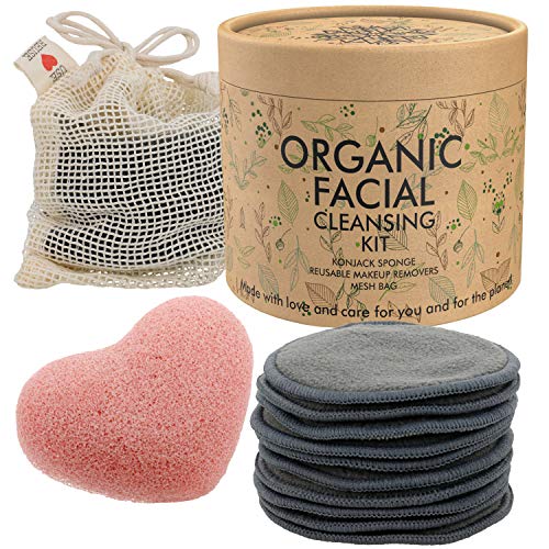 Reusable Makeup Remover Pads (10 Pack) Premium 100% Organic Facial Cotton Rounds for Toner | Bonus Konjac Sponge Facial Scrubber, Eco-friendly Facial Cleansing Wipes for All Skin Types