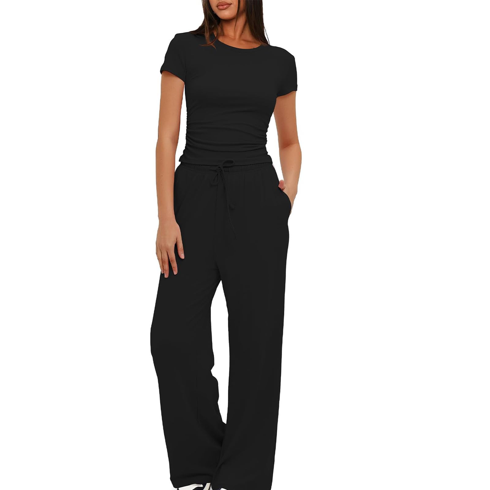 Generic Conjunto de 2 piezas para mujer, de verano, fruncido, manga corta, ajuste delgado, pantalones de cintura alta, pantalones de pierna ancha, conjuntos de dos piezas para mujer de verano