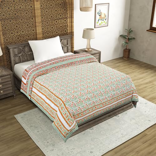 Image of BLOCKS OF INDIA Cotton Single Size Quilt Hand Block Print for Light Winters (60x90 Inches) (Green RED JAAL)-300 TC