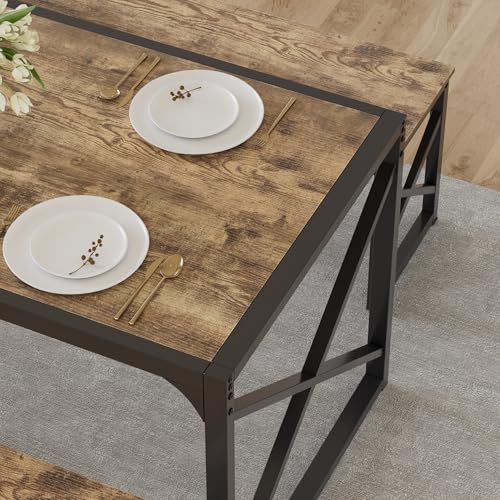 Image of VECELO 55 inch Kitchen Dining Table Set for 4, Heavy-Duty Steel Frame & Wood-Grain Tabletop, Space-Saving Dinette Sets with 2 Benches for Breakfast Nook and Small Space, Grey