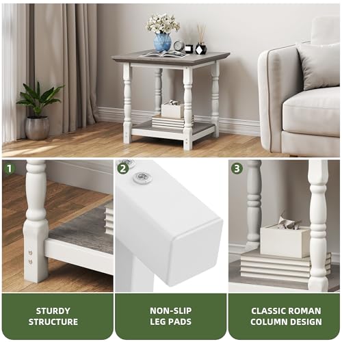 DWVO Farmhouse Square Coffee Table, Antique Accent Side Table with Floor Shelf, 23.6"x 23.6" Living Room Furniture, Vintage Ivory & White
