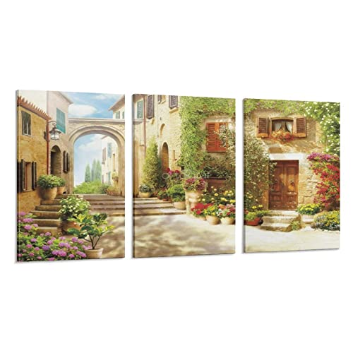 Tuscany Town Canvas Wall Art Old Mediterranean Street And Flowers Wall Decor Cityscape Picture Artwo Canvas Painting Wall Art Poster For Bedroom Living Room Decor 24X36Inch(60X90Cm) Frame-Style #TOP12