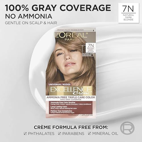 Image of L'Oreal Paris Excellence Universal Nudes Permanent Hair Color, Ammonia Free Hair Dye for Gray Hair Coverage, 7N Natural Dark Blonde, 1 Hair Dye Kit