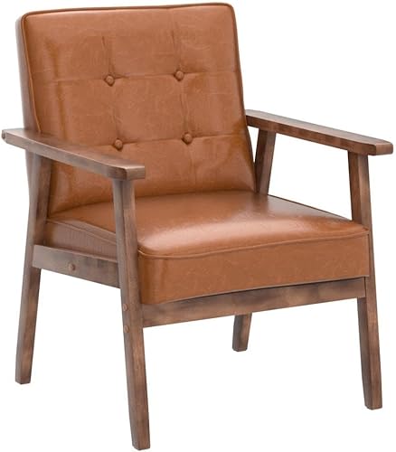 Miniatura 45 de Okeysen Silla decorativa moderna de mediados de siglo, silla auxiliar retro de madera y cuero, cómoda silla de lectura para sala de estar, Negro