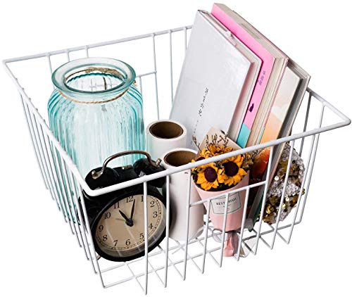 Y.Z.Bros Freezer Organizer Basket, Refrigerator Deep Metal Wire Storage Divider, Household Container Bins with Handles for Kitchen Cabinet, Pantry, Closet, Car, Bathroom, Office - Pearl White (2)