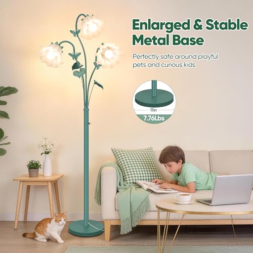 Image of TOBUSA Vintage Flower Floor Lamp for Living Room, 75'' Tall Flower Standing Lamp with Gooseneck, 3-Head Green Floral Lamp with 3 LED Bulbs, Unique Aesthetic Corner Lamp for Bedroom Office Home Decor