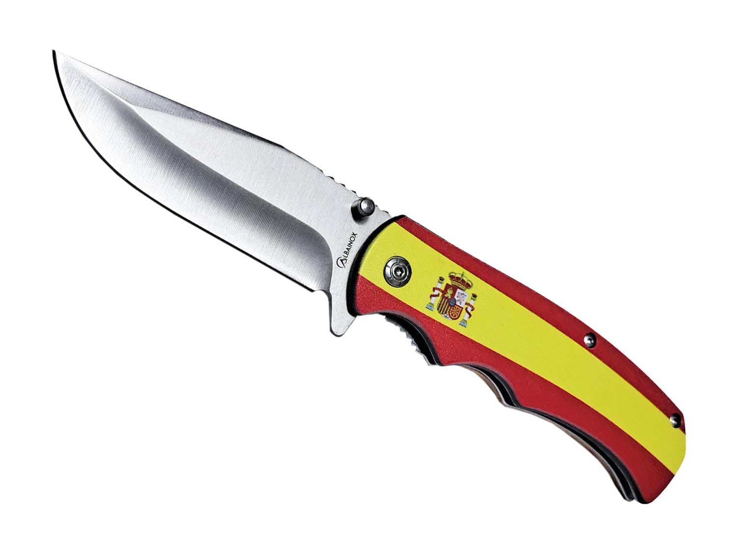Tiendas LGP, Albainox - Navaja Bandera de España, con Hoja de Acero Vanadio 3Cr13Mov de 8,8 cm, Plegable, Mango de ABS diseño Bandera de España y Madera natural por detrás. 18257+3D018