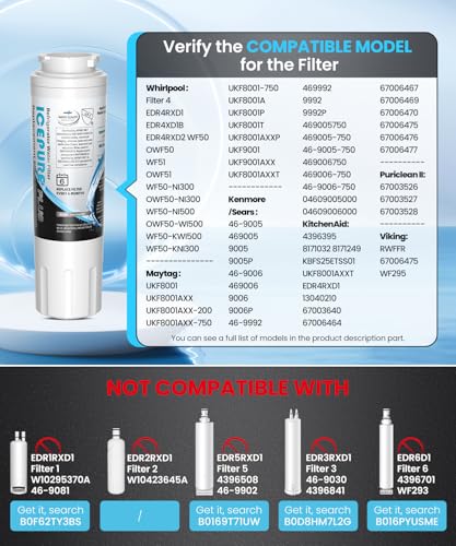 Image of ICEPURE PLUS UKF8001 NSF /ANSI 53 & 42 Certified Refrigerator Water Filter, Remove Lead, Replacement for Whirlpool Filter 4, Everydrop EDR4RXD1, Maytag UKF8001AXX-200 UKF8001AXX-750 9084 4396395, 2PACK