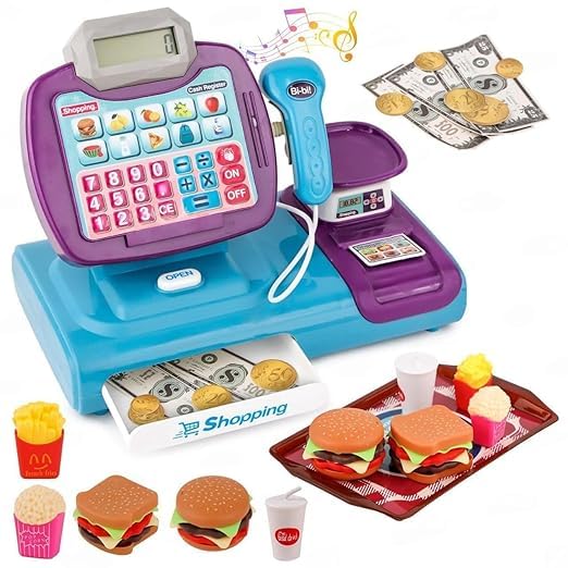 TIUDTOY Shopping Cash Register Toy for Kids Pretend & Play with Cards Snacks Card Reader Simulator Weighing ScaleRealistic Light & Sound Age 3+(Multi Color)