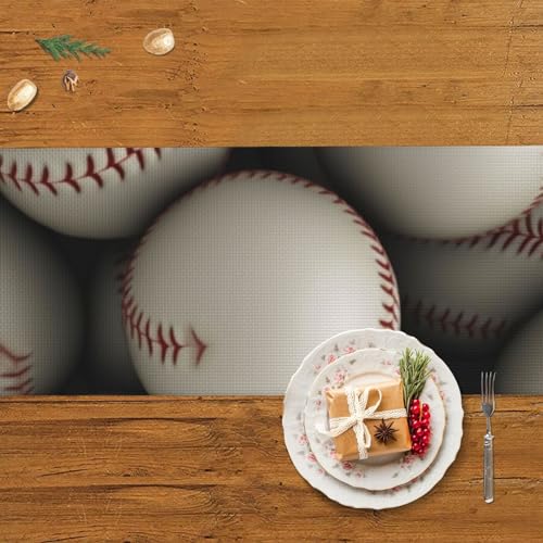 Chemin de table imprimé baseball rustique avec pompons 35x152 cm