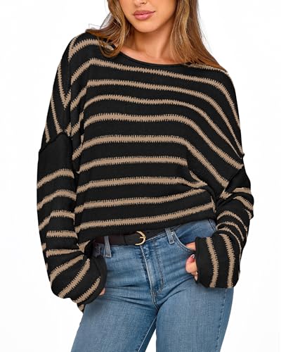 BTFBM Women's Striped Knit Sweaters 2025 Spring Fall Boat Neck Off Shoulder Long Sleeve Oversized Casual Pullover Tops