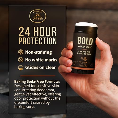 Image of Honestly pHresh Prebiotic Natural Deodorant for Men - Aluminum & Baking Soda Free with 24 Hour Odor Protection. Clean Vegan Deodorant for Sensitive Skin. Made In USA - Bold Wild Oak Scent, 2.5 oz