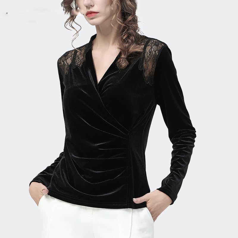 Blusa de Terciopelo Negro con Cuello en V de Estilo francés para Mujer, Camisetas con Parte Inferior Hueca de Encaje Bordado con Hombros Descubiertos (Negro XL)