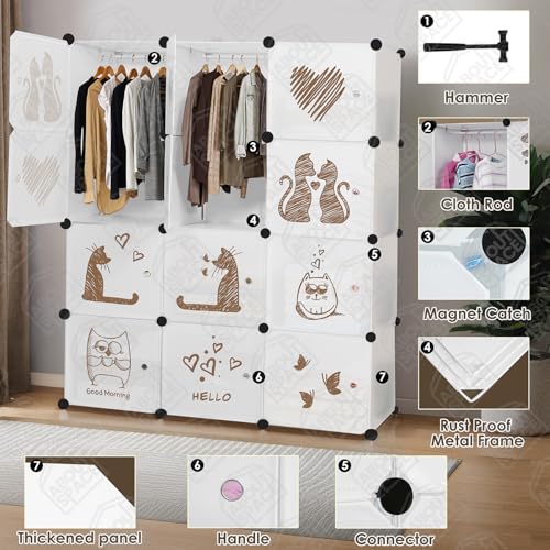 Image of ABOUT SPACE Professional Collapsible Wardrobe - DIY 12 Cube Plastic Almirah for Clothes with Side Hanger, Door Magnet & Hamer- Durable, Foldable Wardrobe for Storage |Non-slip Storage Organizer -White