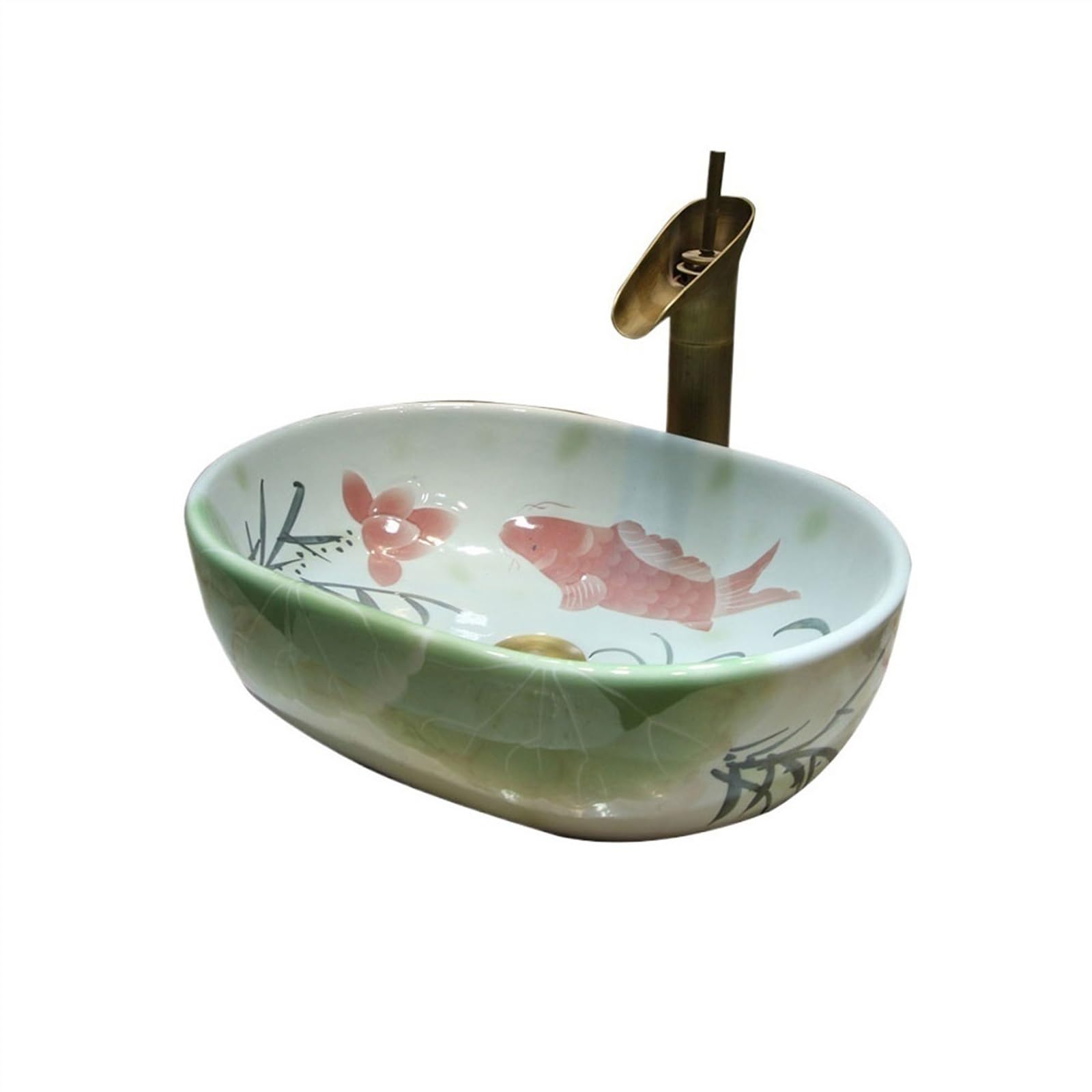 Sink Bowl Simple Ceramic Hand-Painted Wash Basin Art Lotus Pattern Sink Household Antique Countertop Oval Washbasin Art Basin