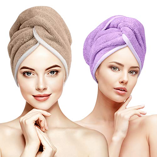 Hair Drying Towels, INNELO Microfiber Hair Towel Wrap for Women, Super Absorbent Quick Dry Hair Turban For Drying Curly, Long & Thick Hair (2 Pack) (12x27.6 inch) (Purple/Camel)
