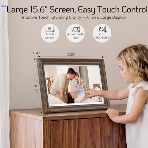 Image of NexFoto Touchscreen Digital Picture Frame 15.6'', FHD WiFi Digital Photo Frame, Wood Electronic Frame 64GB, Add Pics from Google Photos, Share Videos via APP /USB, for Mom /Grandparents /Birthday, Walnut
