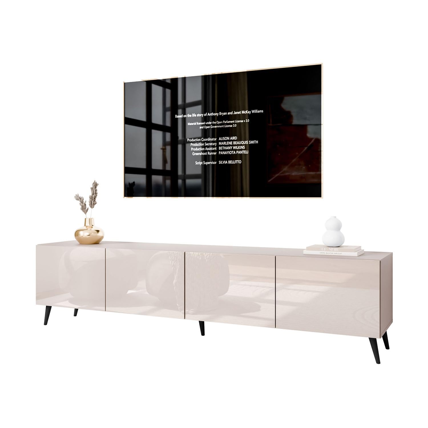 Lookway Moderner wandhängender TV-Schrank in Kaschmir Hochglanz, optional mit LED-Beleuchtung auf schrägen Onyx-Beinen – COLGANTE 200 cm (mit LED Beleuchtung, Beine: Schwarz)