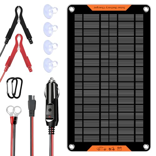 12 Volt 10 Watt Solar Car Battery Charger & Maintainer, Solar Panel Trickle Charger, with Alligator...