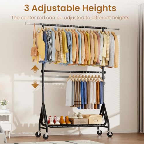 Image of Double Rods Clothing Rack, Heavy Duty Clothes Rack for Hanging Clothes Load 560LBS, Metal Rolling Garment Racks with Wheels, Freestanding Clothes Hanging Racks, Black