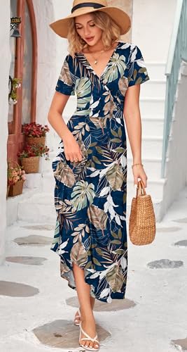 Image of WNEEDU Women's Summer Maxi Dress Short Sleeves Wrap V Neck Long Dresses with Pockets