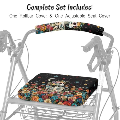 Image of Universal Rollator Accessories Covers Floral Skull Rollator Walker Seat and Backrest Covers Soft Walkers Seat Covers for Seniors Women Men