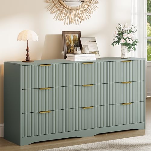 Image of Fluted 9 Drawer Dresser for Bedroom, 63 inch Wide Modern Wooden Chest of Drawers with Metal Handles, TV Stand & Closet Storage Organizer for Living Room,Hallway, Green