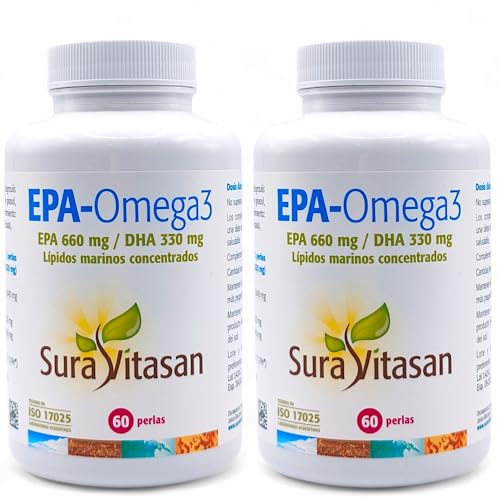 Sura Vitasan EPA-Omega3 - Pack Ahorro 2 x 60 Unidades - Con Omega-3, 660mg EPA, 330mg DHA y Aceite de Pescado - Ayuda a Mantener el Funcionamiento Normal del Cerebro y de la Visión