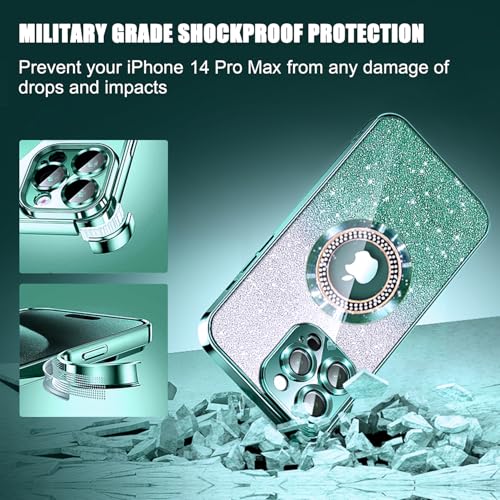 Image of Misscase for iPhone 14 Pro Max Magnetic Case Compatible with MagSafe,Full Protection Slim Shockproof Anti-Scratch Glitter Case with Camera Lens Protector Logo View Dust-Proof Net for Women Green