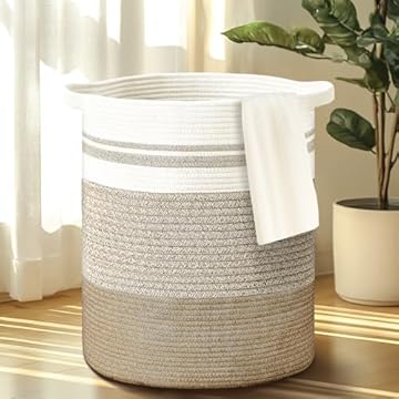 BBLTIFF Cesto Portabiancheria 50L, Portabiancheria Sporca Cotone con Manico, Ceste Portaoggetti, Cesta Panni Sporchi 32 x 47 CM per Riporre Vestiti, Biancheria da Letto e Giocattoli (Bianco e Marrone)