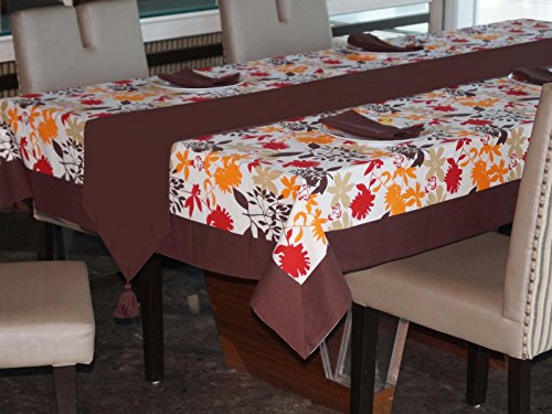LUSHOMES Leaf Printed 6 Seater Table Linen Set (1 Table Cloth 60 x 90 inches + 1 Runner + 6 Napkins)