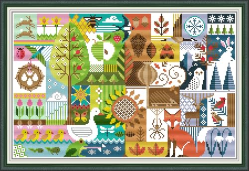 Meecaa Cross Stitch Kits 14 Count Stamped Tree Bird Animal Building Fox Seasons Embroidery Kit with Accessories Pre Printed (Four Seasons)