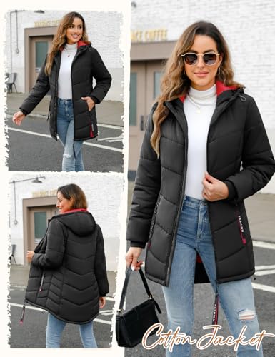 Yuson Girl Wintermantel Damen Warm Steppjacke Parka Lang Mantel Winter Jacke mit Kapuze Herbst Winter Steppmantel Outdoorjacke Elegant Kapuzenmantel mit Zipper, Tasche(Schwarz, M)