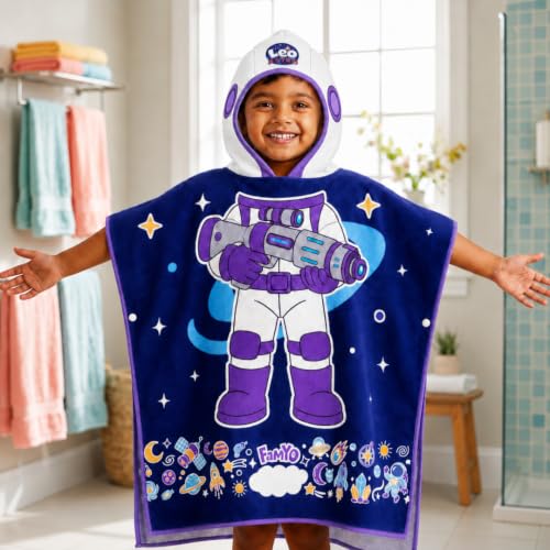 Image of Famyo Hood Maxx Poncho Towel for Kids 1-7 Years| Quick Dry Kids Towel| Soft Lightweight Baby Wrap for Beach | 60 X 60Cm Toddler Pool Towel for Boys & Girls | Micro-Fiber Bath Towels (Dark Blue Leo)