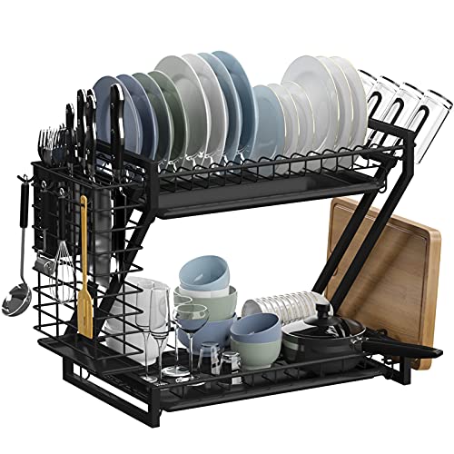 Dish Drying Rack, Loyalfire Stainless Steel 2 Tier Dish Rack with 2 Drainboard Set, Utensil Holder Dish Drainer, Cup Hanging Holder for Kitchen Counter with Multipurpose Design Easy Installation