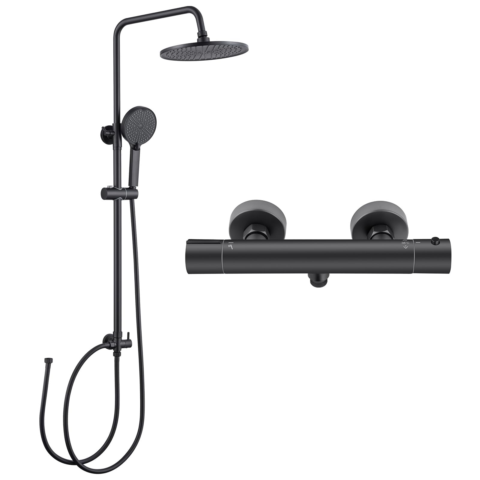DERW Black Thermostatic Shower Set, 10" Round Rain Shower Head and 4 Function Handheld Shower, 65-110cm Height Adjustable Rail, Anti-Scald, Anti-Corrosion, Easy Fit Old Holes