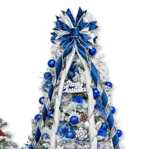 Hismir Large Christmas Tree Topper Bow，Blue & Silver 53x13 Inches