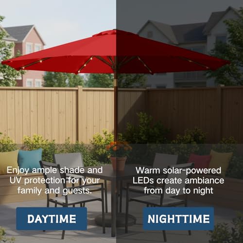 Image of 9' Solar LED Patio Umbrella with Tilt & Crank|8 Sturdy Ribs,UV Protection,Outdoor Market Table Umbrella for Deck,Lawn,Pool,Backyard (Red)