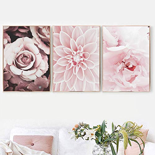 Toile Peinture Rose Dahlia Haute Définition Triptyque 60x90