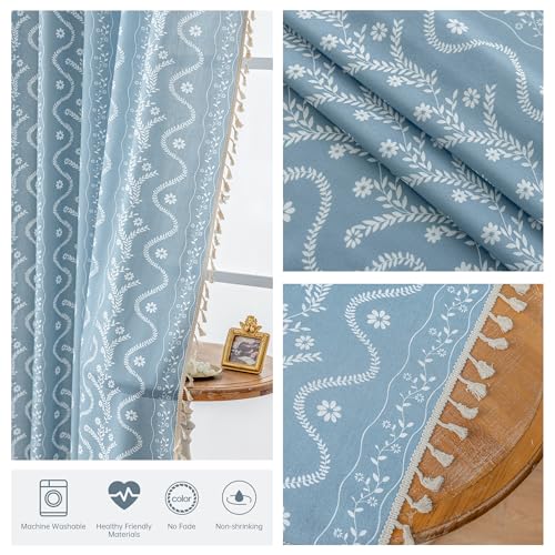 Image of Boho Curtains 84 Inch Long for Living Room, Bedroom, 2 Panels Floral Farmhouse Vintage Tassel Semi Sheer Light Filtering Privacy Window Curtain Drapes with Rod Pocket,Dusty Blue